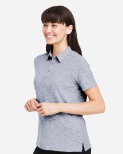 North End NE115W Women’s Eclipse Jacquard Polo – Classic Navy Heather (on model side)