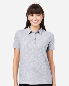 North End NE115W Women’s Eclipse Jacquard Polo – Platinum Heather (on model)