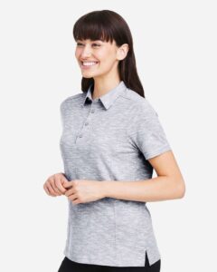 North End NE115W Women’s Eclipse Jacquard Polo – Platinum Heather (on model side)