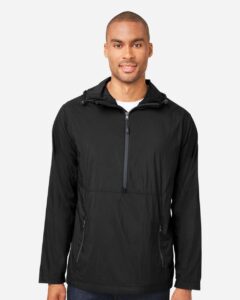 North End NE810 Men’s Aura Lightweight Packable Anorak – Black/ Carbon (on model)