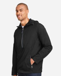 North End NE810 Men’s Aura Lightweight Packable Anorak – Black/ Carbon (on model side)