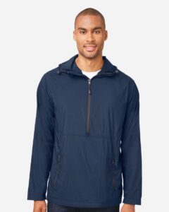 North End NE810 Men’s Aura Lightweight Packable Anorak – Classic Navy/ Carbon (on model)