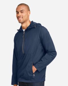 North End NE810 Men’s Aura Lightweight Packable Anorak – Classic Navy/ Carbon (on model side)