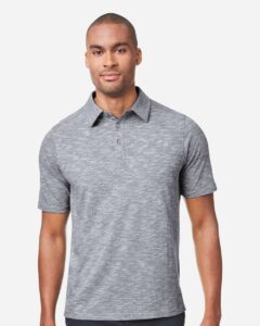 North End NE115 Men’s Eclipse Jacquard Polo – Classic Navy Heather (on model)