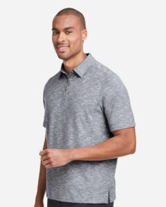 North End NE115 Men’s Eclipse Jacquard Polo – Classic Navy Heather (on model side)