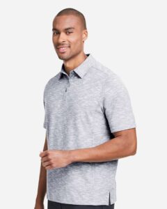 North End NE115 Men’s Eclipse Jacquard Polo – Platinum Heather (on model side)