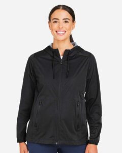 North End NE75W Women’s Network Lightweight Jacket – Black Heather (on model)