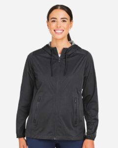 North End NE75W Women’s Network Lightweight Jacket – Carbon Heather (on model)