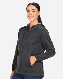 North End NE75W Women’s Network Lightweight Jacket – Carbon Heather (on model side)