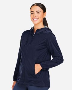 North End NE75W Women’s Network Lightweight Jacket – Classic Navy Heather (on model side)