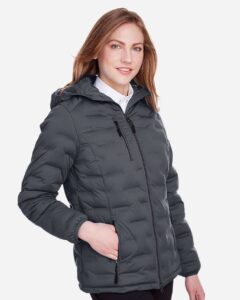 North End NE708W Women’s UTK SubDown Loft Puffer Jacket – Carbon/ Black (on model side)