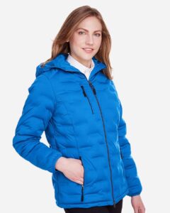 North End NE708W Women’s UTK SubDown Loft Puffer Jacket – Olympic Blue/ Carbon (on model side)