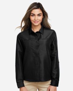 Harriton M580LW Women’s Key West Performance Staff Shirt – Black (on model)