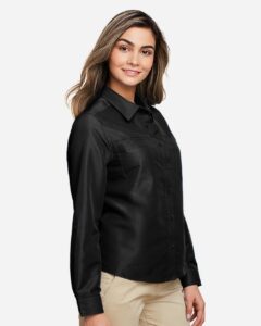 Harriton M580LW Women’s Key West Performance Staff Shirt – Black (on model side)