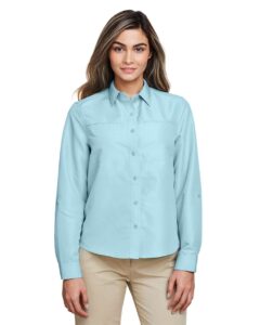 Harriton M580LW Women’s Key West Performance Staff Shirt – Cloud Blue (on model)