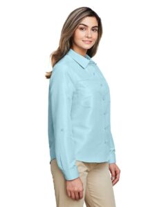 Harriton M580LW Women’s Key West Performance Staff Shirt – Cloud Blue (on model side)