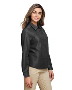 Harriton M580LW Women’s Key West Performance Staff Shirt – Dark Charcoal (on model side)