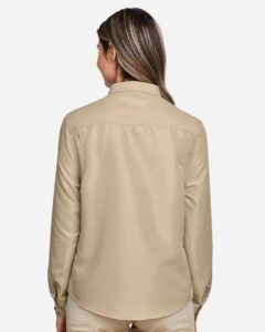 Harriton M580LW Women’s Key West Performance Staff Shirt – Khaki (on model back)