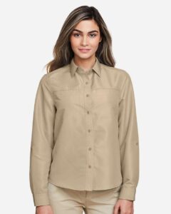 Harriton M580LW Women’s Key West Performance Staff Shirt – Khaki (on model)