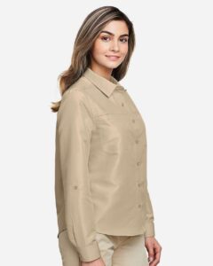 Harriton M580LW Women’s Key West Performance Staff Shirt – Khaki (on model side)