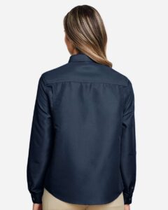 Harriton M580LW Women’s Key West Performance Staff Shirt – Navy (on model back)