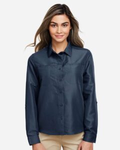 Harriton M580LW Women’s Key West Performance Staff Shirt – Navy (on model)