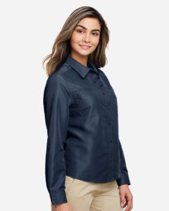 Harriton M580LW Women’s Key West Performance Staff Shirt – Navy (on model side)