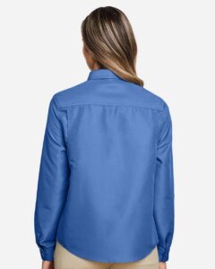 Harriton M580LW Women’s Key West Performance Staff Shirt – Pool Blue (on model back)