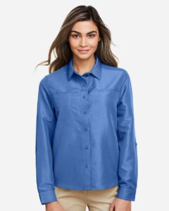 Harriton M580LW Women’s Key West Performance Staff Shirt – Pool Blue (on model)