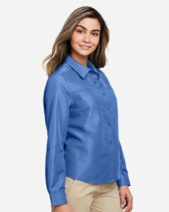 Harriton M580LW Women’s Key West Performance Staff Shirt – Pool Blue (on model side)