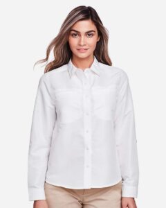 Harriton M580LW Women’s Key West Performance Staff Shirt – White (on model)