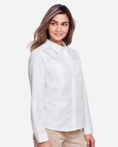 Harriton M580LW Women’s Key West Performance Staff Shirt – White (on model side)