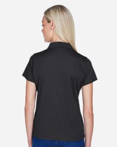 Harriton M315W Women’s Polyester Jersey Polo – Black (on model back)