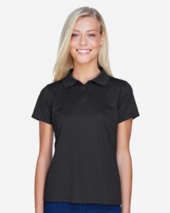 Harriton M315W Women’s Polyester Jersey Polo – Black (on model)