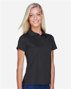 Harriton M315W Women’s Polyester Jersey Polo – Black (on model side)