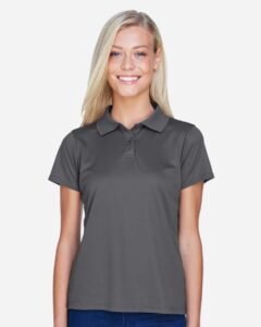Harriton M315W Women’s Polyester Jersey Polo – Charcoal (on model)