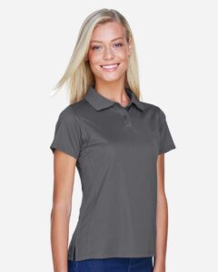 Harriton M315W Women’s Polyester Jersey Polo – Charcoal (on model side)