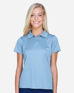 Harriton M315W Women’s Polyester Jersey Polo – Light Blue (on model)