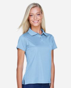 Harriton M315W Women’s Polyester Jersey Polo – Light Blue (on model side)