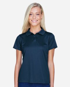 Harriton M315W Women’s Polyester Jersey Polo – Navy (on model)
