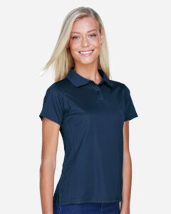 Harriton M315W Women’s Polyester Jersey Polo – Navy (on model side)