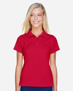 Harriton M315W Women’s Polyester Jersey Polo – Red (on model)