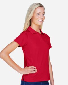 Harriton M315W Women’s Polyester Jersey Polo – Red (on model side)