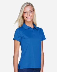 Harriton M315W Women’s Polyester Jersey Polo – True Royal (on model side)