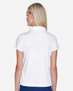 Harriton M315W Women’s Polyester Jersey Polo – White (on model back)