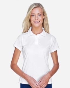 Harriton M315W Women’s Polyester Jersey Polo – White (on model)