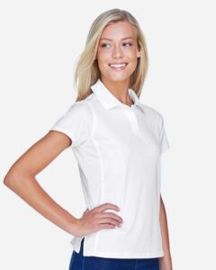 Harriton M315W Women’s Polyester Jersey Polo – White (on model side)