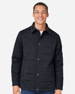 Harriton M821 Unisex Guardian Soft Shell Chore Coat – Black (on model)