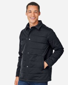 Harriton M821 Unisex Guardian Soft Shell Chore Coat – Black (on model side)