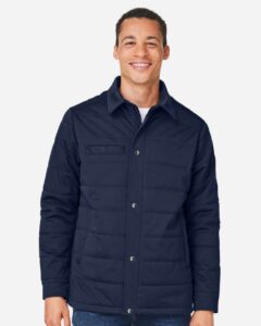 Harriton M821 Unisex Guardian Soft Shell Chore Coat – Dark Navy (on model)